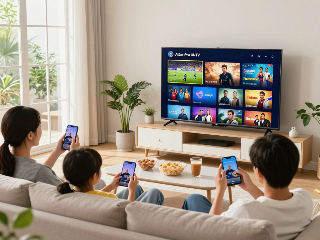 Regardez Atlas pro ontv sur une Smart TV avec une famille profitant d'une expérience de streaming ensemble.