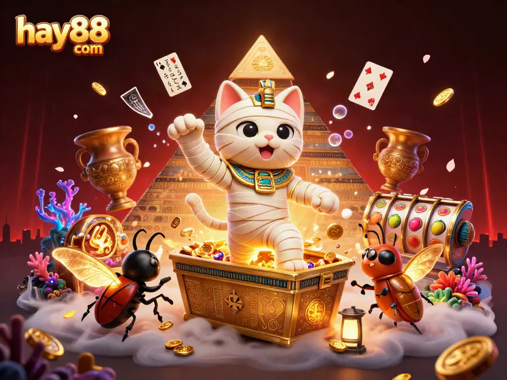 Engage with exciting gameplay at hay88 com, where a mummy cat bursts from a sarcophagus in a vibrant casino.